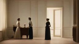 Two figures standing close in a softly lit room, early 20th-century Viennese apartment, minimal furnishings, subdued colors, faces turned slightly away from each other, shared silence more important than gesture, emotional intensity held in restraint, sense of ethical and emotional experimentation, intimacy without sentimentality, modernist tone, delicate balance between closeness and distance