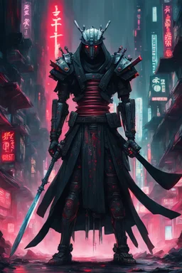 samurai robot in black cloak in a cyberpunk environment and big blood sword