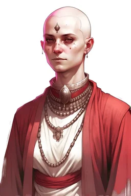 full length, gangly, 22-year old, shaved head, nordic looking grey-eyed female human cleric with a red beaded necklace, no face markings