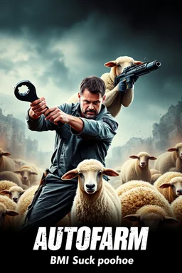 "Design a 90s-style action movie poster titled 'AUTOfarm.' Feature a heroic mechanic in the foreground, fiercely battling thousands of adversaries with a spanner. In the background, include a determined sheep wielding a machine gun. Capture the high-energy, gritty aesthetic of classic 90s action films, with intense and dynamic elements. Prominently display the subtitle ' BMI Suck poohole' in bold, impactful lettering."