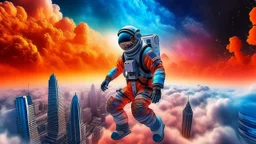 A young male astronaut floating in space against a backdrop of colorful cosmic clouds and a futuristic city skyline