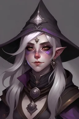 portrait dnd gnome, obsidian marble skin, purple eyes, white hair, alatriste hat, female