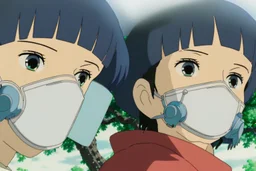 A close-up of Yui and Toshi wearing respirators, their eyes widened in revelation as they discover the connection between the Whispering Pines and their respirators, the trees glowing faintly in the background.