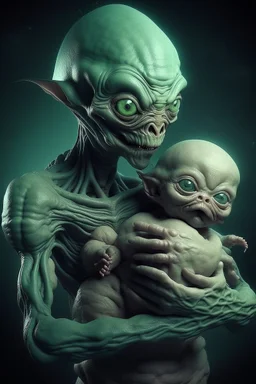 a horror alien holding a beautiful baby