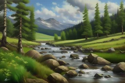 Bowtie, Tokyo Japan, Nature, Scenery, Rural Area taken over by nature, Bob Ross styled, River, Oil Painting.