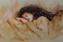 Small girl with long curly brown hair sleeping in god's hand (a big, clear hand) watercolor and ink, golden patina, glitters in ochre, backlit, mist and fog