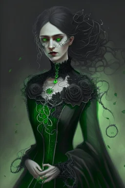 Cerissa, the leader of the Silvered Rose, wears a black dress, with a white lace collar, held by a vibrant green brooch. Long thin wisps of green and black form a cloak that swirls around her as she walks. Her face is tight and cold. Her spiderlike fingers are covered with rings.