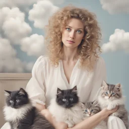 Portrait of woman with curly hair sitting in room full of clouds and fluffy kittens