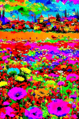 A field of colorful flower, the return to innocence, abstract, weird, childlike, chaos80, colors splash, Italian village