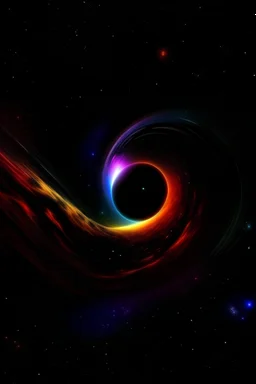 Black hole in bright colors in HD resolution, with stars and planets shining behind it in deep space.