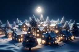 Picture of a winter village surrounding a Christmas tree made of bitcoin