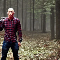 georges st pierre with a red plaid shirt a backpack and a riffle in a creepy forrest with zombies