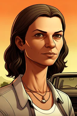 A portrait of Annalena Baerbock, in Gta San Andreas loadingscreen Style