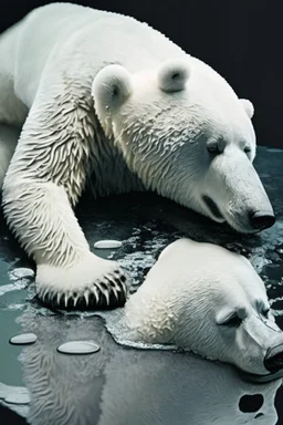 polar bear melting into a puddle, hyper realistic photography, detailed expression of agony, hyper realistic fur and anatomy details, Takeshi Kawano style, dark colour tone, epic colour treatment, cinematic colour treatment, meticulously intricate perfectly symmetrical extremely detailed, pixiv daily ranking, pixiv, extreme depth of field, artstation, sculpture style, spectacular details, volumetric lighting, masterpiece, cinematic, Hollywood production, 8k resolution, high definition, max octan