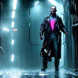 Actor, tom hardy, replicant man, blade runner style, rain, fog, neon ambient, gradient color, clean skin, circuits, latex coat, cyber punk, neon, tubes, portrait, studio photo, unreal engine 5, smooth color, 16 bit, god lights, ray tracing, RTX, lumen lighting, ultra deatail, volumetric lighting, 3d, finely drawn, hd.