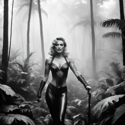 [photo by helmut newton: humid foggy jungle forest] the foreground in the fog, the background is barbarella in tattooed alien warrior, she faces the camera, smiles, and points the camera to say "THANK YOU" [bokeh]