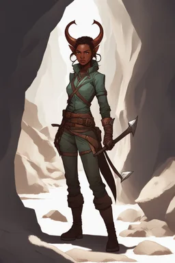 A DnD character. A female Tiefling ranger standing in a cave.