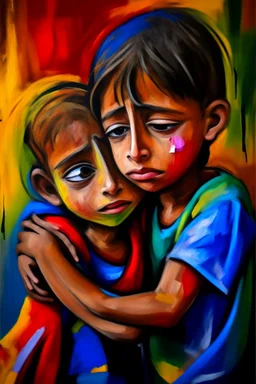 a girl hug her brother and both crying sadly, expressionism, Pixar style, in abstract art Basquiat, Picasso, Miro, Kandinsky, Klee, Birell, Fairey, Ardon, Buffet aand Picasso style, HD --s 750 --v 5.1 --style raw, water color