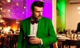 man in a green suit in a restaurant with purple lights