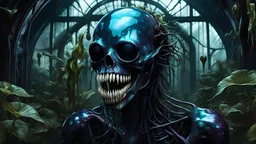 A gritty, full-body shot of an insatiably evil black opal iridescent pearlescent dark cybernetic lifeform botanist in a surreal conservatory, with sharp ivory teeth, macabre, Dariusz Zawadzki art style, liminal spaces, horror art, dark gaming background, wet, glossy, horror art, trypophobia, eerie, intricate details, HDR, beautifully shot, hyperrealistic, sharp focus, back lit, 64 megapixels, perfect composition, high contrast, cinematic