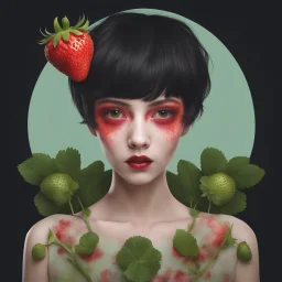 a zombified strawberry with pixie-cut hair