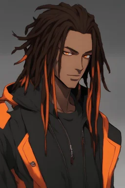 Anime male, age 22, long thick dreadlocks doing down past neck length, orange highlights in hair, dark brown natural hair color, black and orange zip up jacket, deep orange eyes, lean slim muscular body, cybernetic features on face, glowing orange cybernetic features in hair, relaxed smile