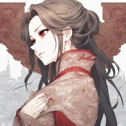 a confident woman with long brown hair and red eyes, standing with her back turned to the viewer, looking over her shoulder toward the viewer, colored manga style, intricately detailed