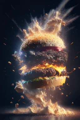 a burger exploding into dust, extremely detailed dust particle details, natural colours, meticulously intricate perfectly symmetrical extremely detailed, pixiv daily ranking, pixiv, extreme depth of field, artstation, sculpture style, spectacular details, volumetric lighting, masterpiece, cinematic, Hollywood production, 8k resolution, high definition, max octane render, vivid colors, max resolution, unreal engine , max perfectionism, realistic composition, professional photography, max focus, m