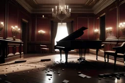 evening ballroom. some documents on piano. broken wine bottle and wine glass, traces of blood, indicating the severity of the crime. a revolver with bullets lies abandoned on the floor, indicating the intensity of the conflict.
