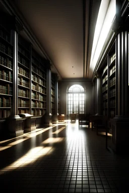 Crear un render de un espacio de una biblioteca, con un aura misteriosa, con espacios y entradas no directas, pero que se sienta la tranquilidad sobre todo