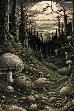 twilight scene in manga style illustration Modifiers: Albrecht Dürer junji ito Epic woodblock print rule of thirds Odilon Redon Otherworldly alcohol ink Tsutomu Nihei Mushrooms vivid color stippling void Hatching snail sharp contrast sharp edge Art by Leah Analog Horror the styles of ancient masters like Utagawa Hiroshige, Katsushika Hokusai and Togaku Old growth forest scene decaying log, moss, ferns, spiderwebs, beetles and caterpillars