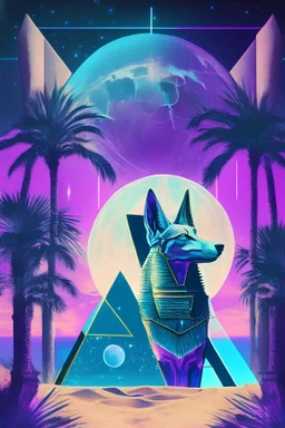 vaporwave, tarot card, palm trees, crystal ball, pyramid, galaxy, anubis, the moon