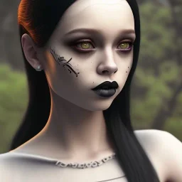 Jenna ortega black dress,soft goth libstick, wednesday addams family make up, brad double wig, addams family style, highly detailed, volumetric lighting, unreal engine, 8k