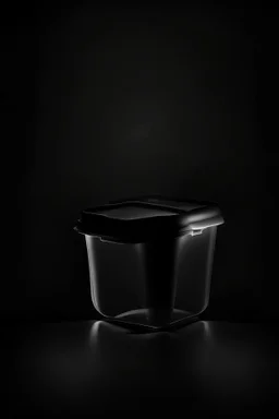 transparant plastic cilinder shaped container, view from the front, dark studio setting, black background