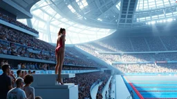 Create a detailed scene depicting a contemporary Olympic diving venue. The setting should include an audience of spectators watching the event, with a focus on a woman poised on the diving board, preparing to dive. Please include elements such as the design of the diving platform, the atmosphere of the crowd, and the overall ambiance of the venue. The output should be structured as a vivid description, capturing the energy and excitement of the moment.