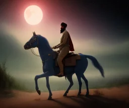 painting of a tall Muslim man riding a horse, at night woods, night stars