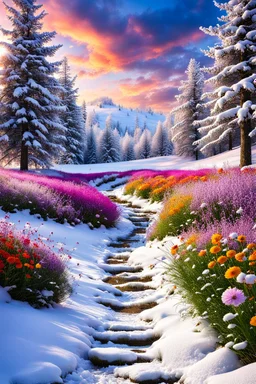 a field filled with lots of flowers next to a forest, footsteps in the snow, splashes of colors, path, very attractive and beautiful clouds, ( land ), pathway, color splashes, beautiful view, soft edges, stunning screensaver.