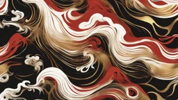 A stylized depiction of red and white swirling clouds or mist with gold accents against a black background, possibly representing a fantastical or abstract scene