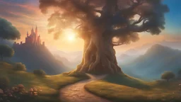 A dreamy landscape with mushrooms and a old, huge tree in the center. Fantasy roads of light going towards the tree. The sun is going down behind the tree. Mountains and a old castle in the background. Digital Art, Masterpiece. Fantasy. Dream. Dreamy. Surreal.
