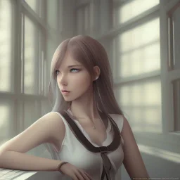 Anime, female student studying by the window,perfect face, cool face, ultra detail, unreal engine 5, cinema4d, sun light, studio lighting --ar 1:1 --v 4