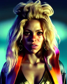 portrait, Shakira, blonde artist, angry, Realistic image, MMA robe, hoodie, mouthguard, nose, band aid, loose long hair, eyes make up, line gold make up, glow, circle iris. Rain, fog, Neon colors, leds. Dark background, photo studio, neon lights. concept art, smooth, unreal engine 5, god lights, ray tracing, RTX, lumen lighting, ultra detail, volumetric lighting, 3d, finely drawn, high definition, 4k.