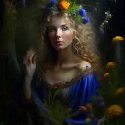 captivating conceptual portrait featuring a Swedish woman with cascading, ethereal hair and an enchanting aura. Her flowing gown is adorned with a diverse array of wildflowers, including Fireweed, Linden flower, Meadow sweet, Cornflower, St. John's wort, Stinging nettle, and Peppermint plant. Her delicate hand tenderly touches a mystical blackbird