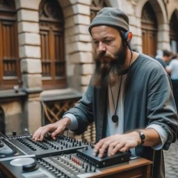 A bearded DJ with a hat on his head at the DJ console, many electronic consoles around, play middle street of medieval city, FRONT VIEW