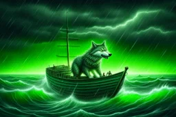 A giant lumbering grey wolf attacks a tiny boat in a stormy sea, a dark, ominous image, black, turquoise (a little closer to green) and white colours, rain, wind, lightning, dynamic, surreal. And a cat. Definitely a cat.