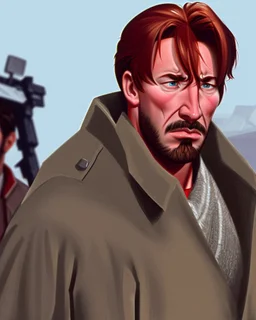 a young man with big muscles who looks like hans gruber wearing a heavy coat and red sunglasses staring with an irritated look on his face