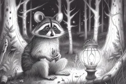 At dusk a curious raccoon explores the forest. Tiptoeing into human campsites, intrigued by human artifacts they found.- Pencil drawing, realistic, graphite