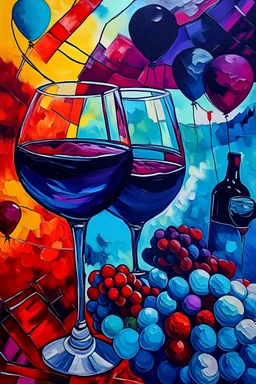 Pinot Noir grape with red wine and balloons in van gough style