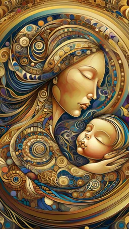 A digital artwork of women with her baby adorned with intricate patterns and designs. The figure's face is covered in swirling lines, circles, and other abstract patterns in hues of mocha, navy and gold.The background is a colorful glass , with abstract patterns that complement the figure's design. The overall ambiance of the image is dreamy and surreal.