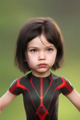 Black widow toddler, serious, full body, bokeh, hyper realistic