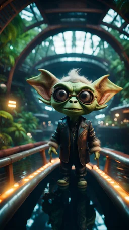 fish-eye of furry hairy pimp rocker priest alien gremlin on boat bridge over water slide in dark lit reflective wet jungle metallic hall dome hotel tunnel, in the style of fallout 4 game,bokeh like f/0.8, tilt-shift lens 8k, high detail, smooth render, down-light, unreal engine, prize winning